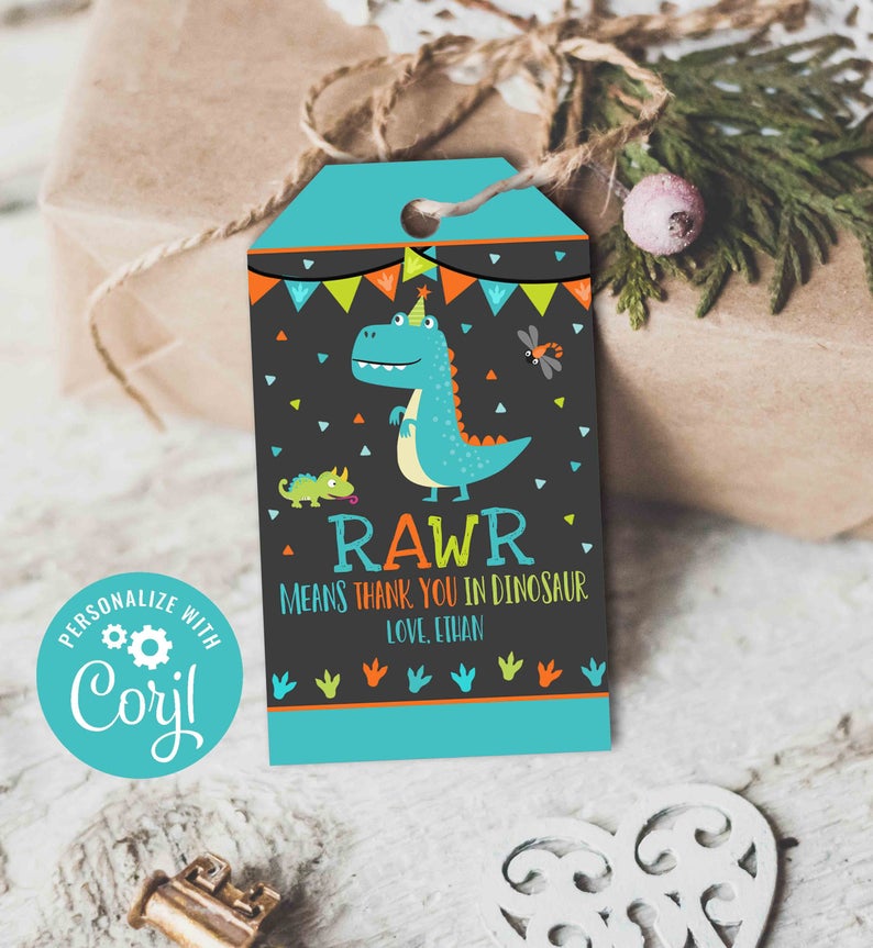 Boy Dinosaur Favor Tag Blue Dinosaur Birthday Thank You Tag Dinosaur Party Boy Blue Dinosaur Party Tag Instant Editable Corjl File 5A
