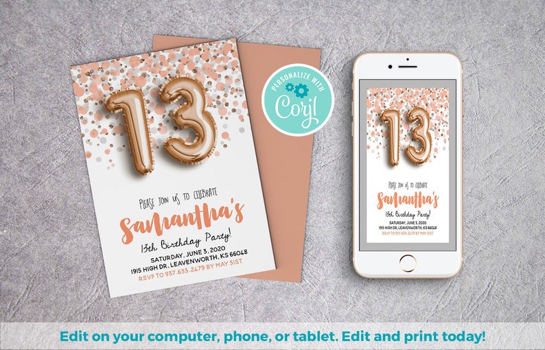 13th Birthday Invite | Rose Gold Invite, Balloon Invitation, Editable Template, 13 Rose Gold Invite, Mobile Invitation, Corjl Invitation