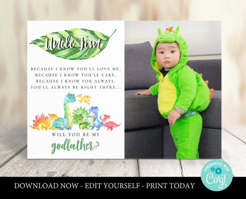 godfather card template printable godmother card instant download dinosaur godparents card editable photo upload edit at home corjl