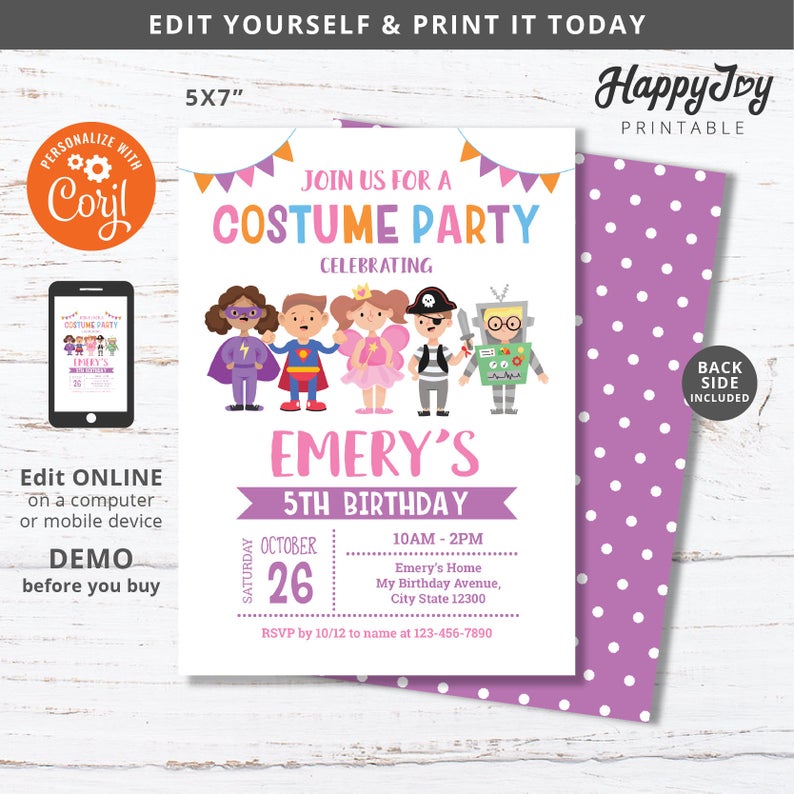 Costume Party Invitation, Kids Girl Costume Birthday Invite Printable, Editable Digital Template INSTANT Download Access, Self Edit