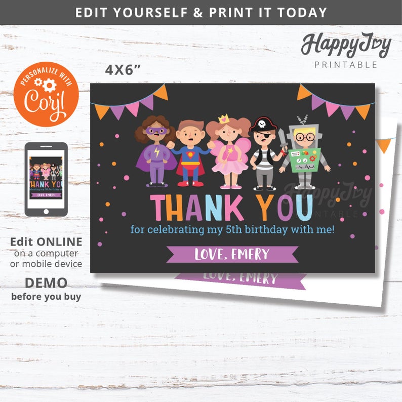 Costume Party Thank You Note Card 4×6, Kids Girls Birthday Printable, Editable Digital Template INSTANT Download Access, Self Edit Corjl