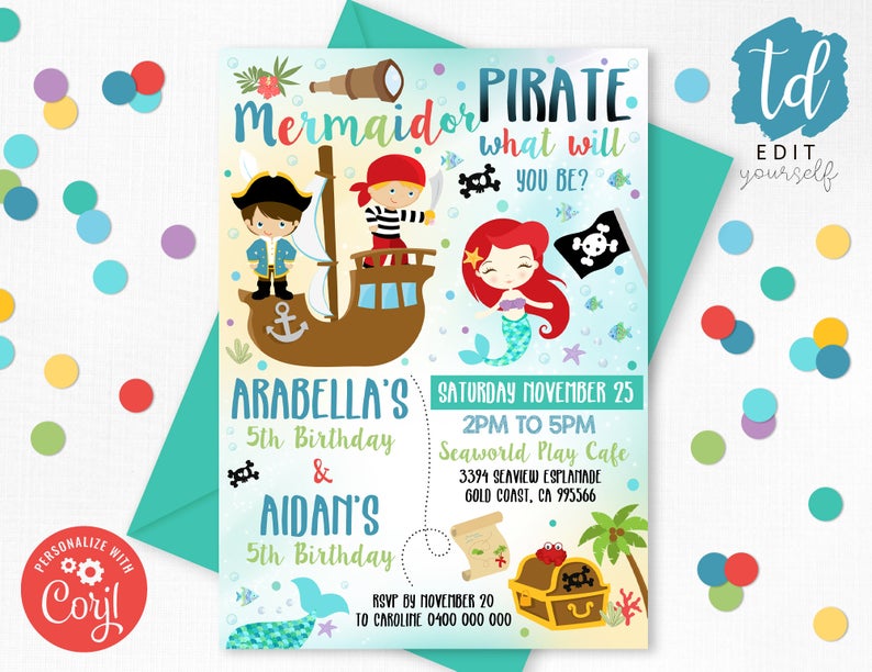 MERMAID PIRATE Invitation Instant download Sibling Mermaid and Pirate Party Invitation Editable Joint Birthday Pirate and Mermaid Invitation