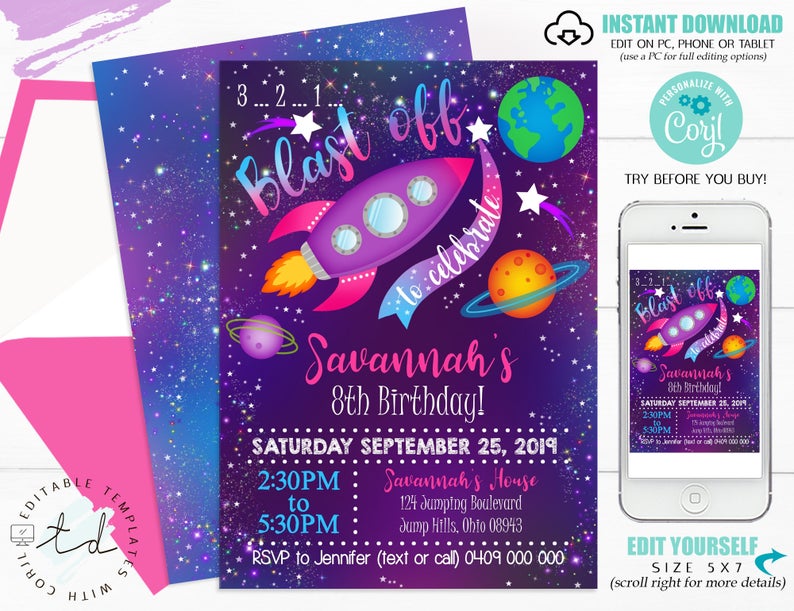 GIRL SPACE INVITATION Girl Space Party Invitation Rocket Invitation Galaxy Invitation Space Birthday Editable Space Invitation Corjl Space