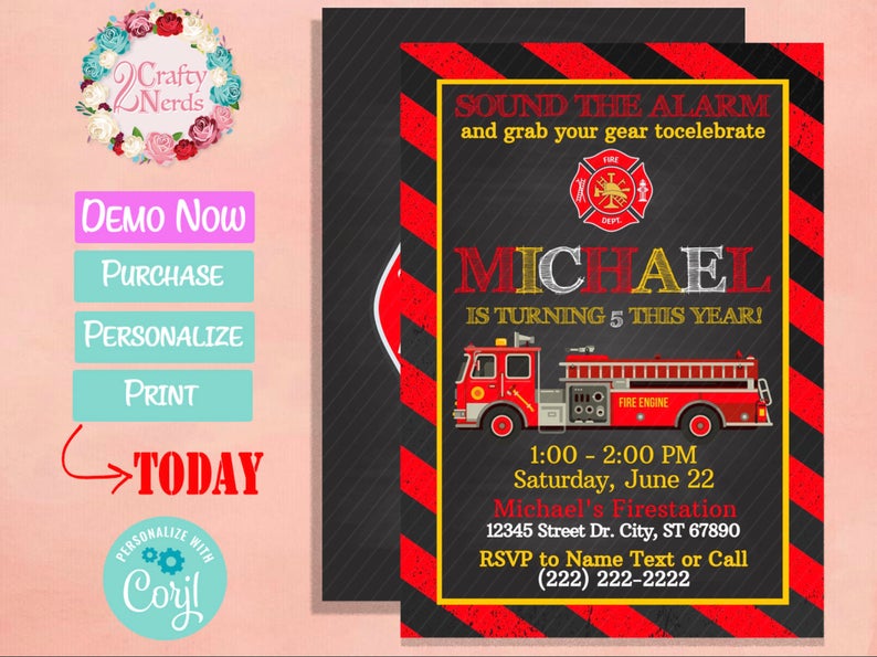 Firefighter Birthday Invitation, Fire Truck Invitation, Fireman Party | Editable Instant Download | Edit Online NOW Corjl | INSTANT ACCESS