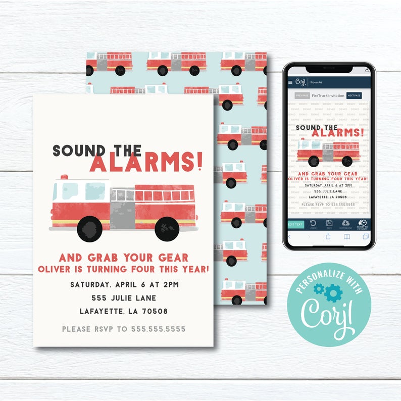 Printable Watercolor Firetruck Birthday Party Invitation | Editable Download