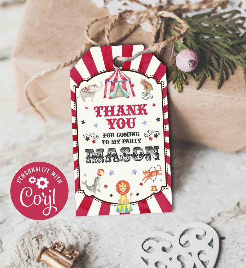 Circus Favor Tag Carnival Gift Tag Circus Carnival Birthday Thank You Tag Circus Carnival Birthday Party Instant Editable Corjl File T9