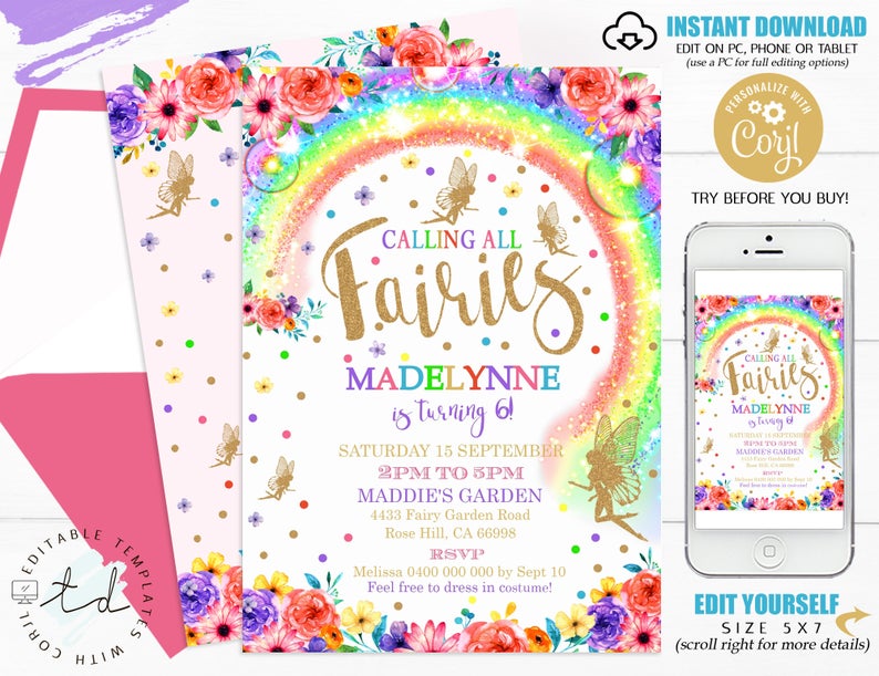RAINBOW FAIRY INVITATION Instant Download Fairy Rainbow Invitations Rainbow Fairy Party Gold Fairy Invitation Corjl Editable Fairy Birthday