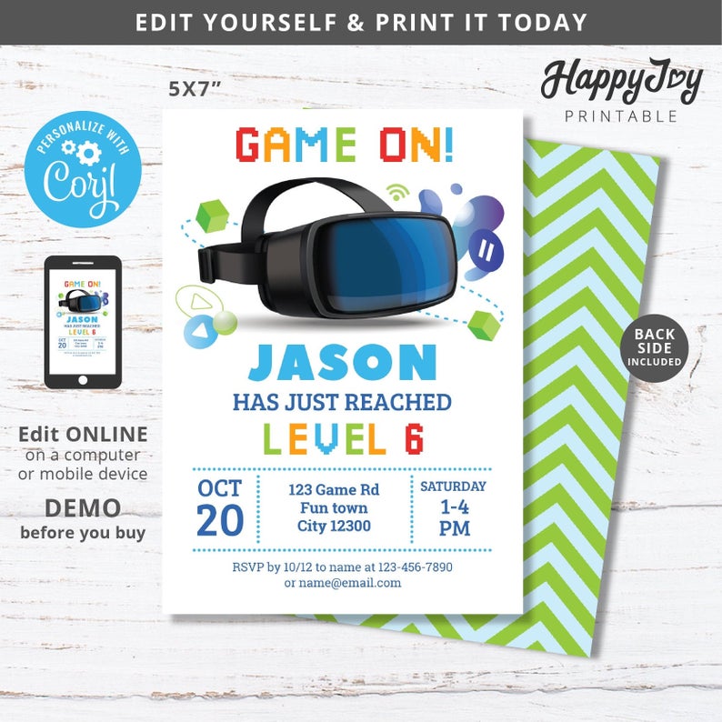 VR Game Party Invitation, Boys Virtual Reality Gaming Birthday Invite, Fun Play Time, Editable Template INSTANT Access, Self Edit w Corjl