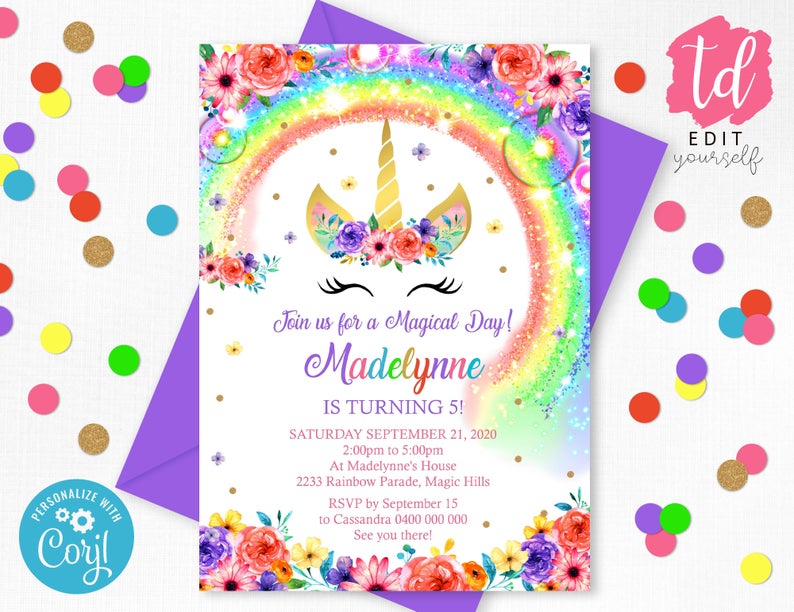 RAINBOW UNICORN Party Invitation Editable Corjl Rainbow Unicorn Invitation Instant Download Bright Unicorn Rainbow Birthday Invitation 0261