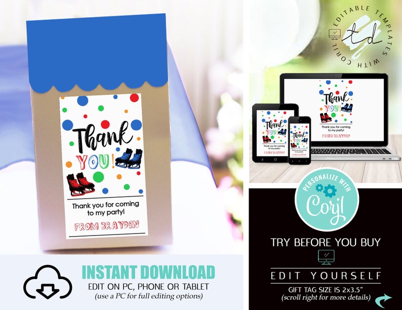 Ice Skate FAVOR TAG Editable Ice Skate Favor Tag Iceskating Favor Tags Boy Ice Skate Favor Tag Ice Skate Thank you Tag Ice Skate Party Corjl