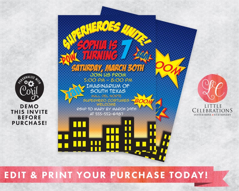 Superhero Birthday Invitation – Boys Birthday Invitations – Boys Birthday Party – Superhero Party – Printable Invitation – Corjl Template