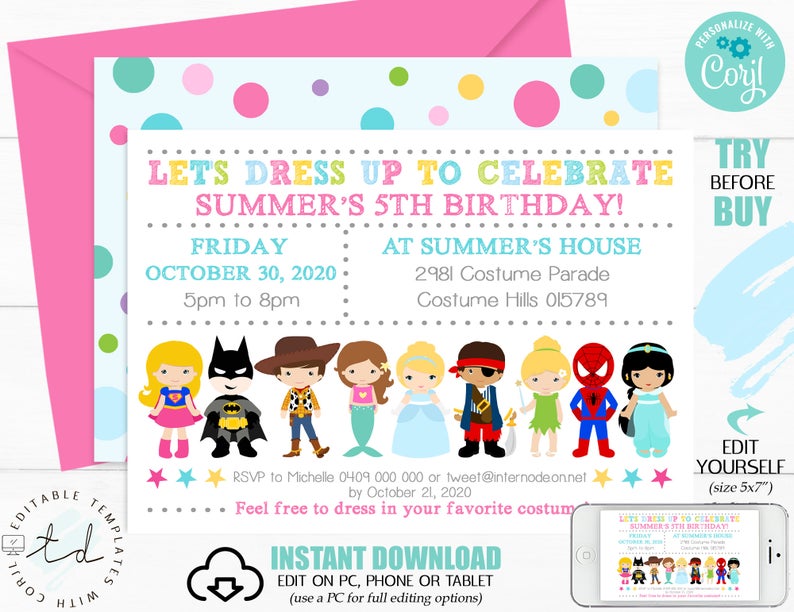 COSTUME PARTY INVITATION Instant Download Dress up Party Invitation Costume Party Invitation Kids Costume Birthday Invitation Corjl 0221