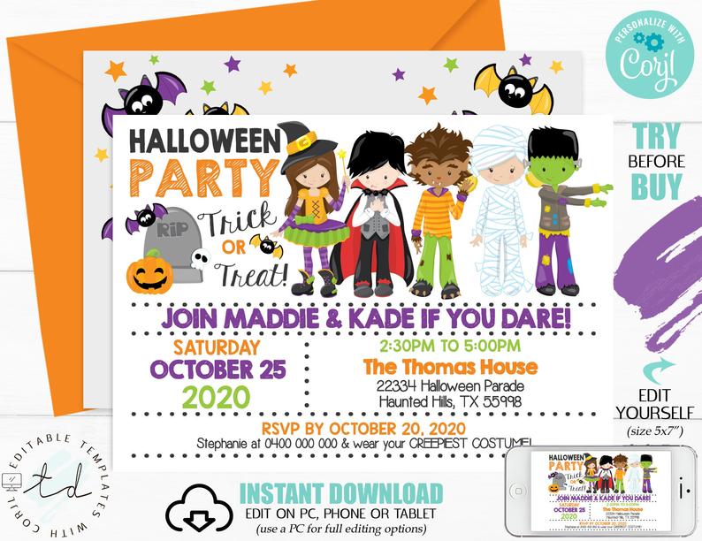 COSTUME HALLOWEEN INVITATION Kids Halloween Invitation Instant Download Spooky Costume Party Invitation Halloween Party Corjl Invitation