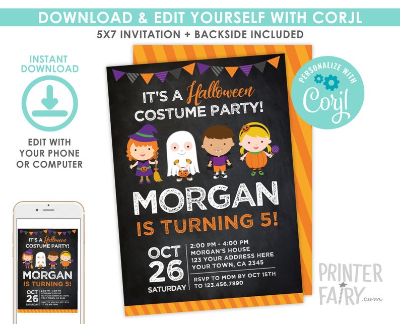 Halloween Birthday Invitation, EDITABLE, Costume Party Invitation, Halloween Party, DIGITAL Instant Download