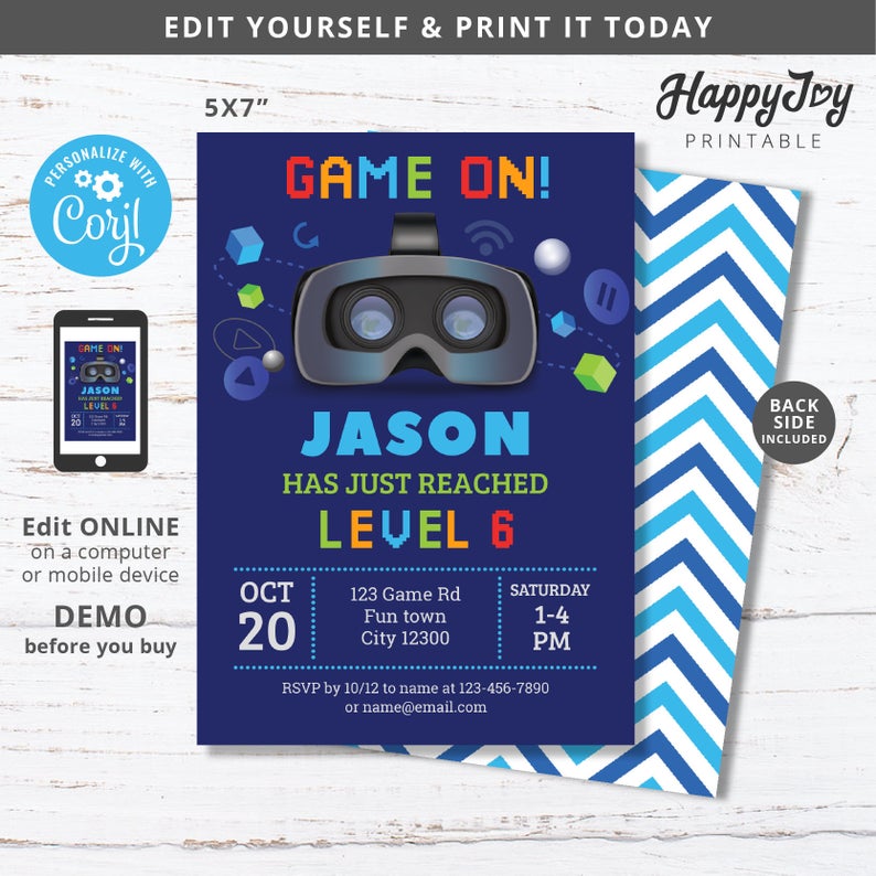Game On VR Party Invitation, Boys Virtual Reality Gaming Birthday Invite, Blue Background, Editable Template INSTANT Access, Self Edit Corjl