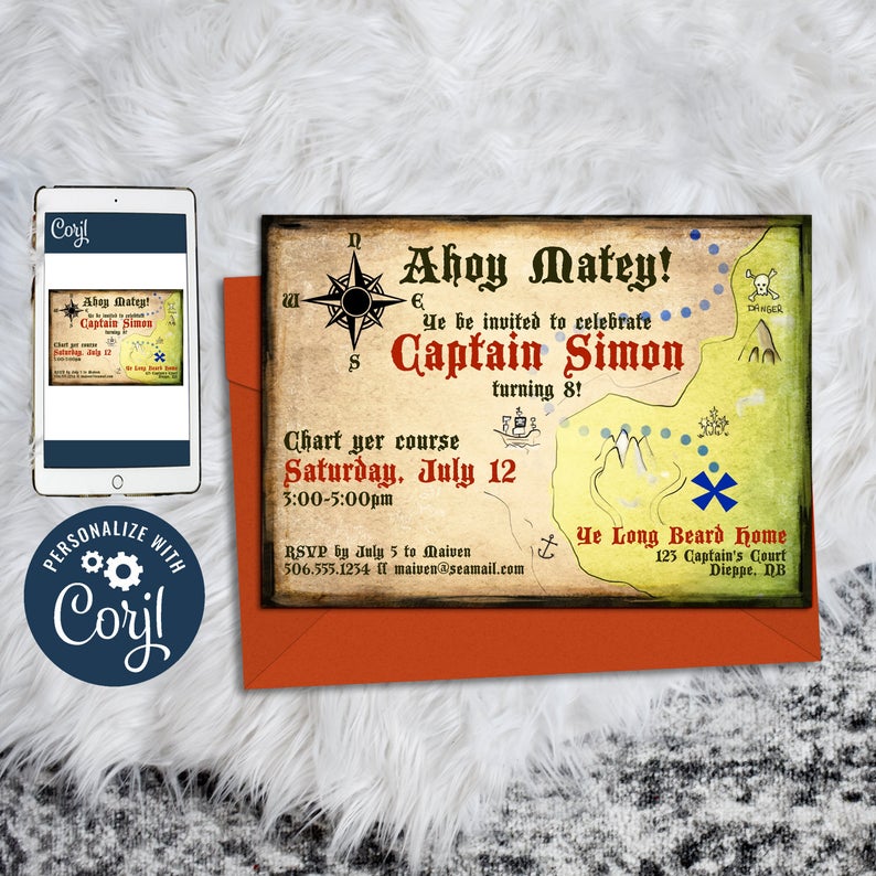 Editable Pirate Invitation | Printable Treasure Map Invitation | Pirate Birthday Party