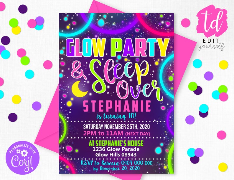 SLEEPOVER GLOW INVITATION Glow Slumber Invitation Sleep over Birthday Invitation Pajama Party Editable Slumber Glow Party Invitation Corjl
