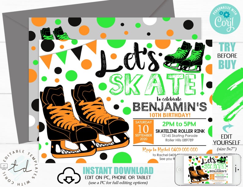 Boy ICE SKATING INVITATION Ice Skating Party Invitation Ice Skate invitation Boy Ice Skating Party Ice Skating Birthday Ice Skating Corjl