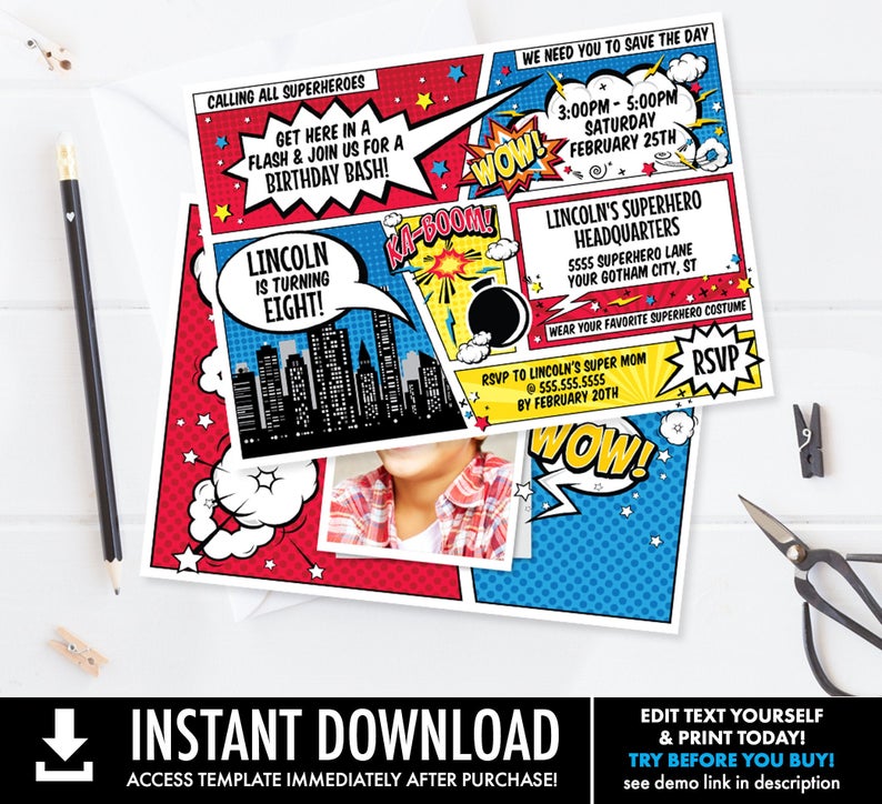 Superhero Invitation – Superhero Birthday, Comic Book Invite, Photo On Back | Self-Edit with CORJL – INSTANT DOWNLOAD Printable Template