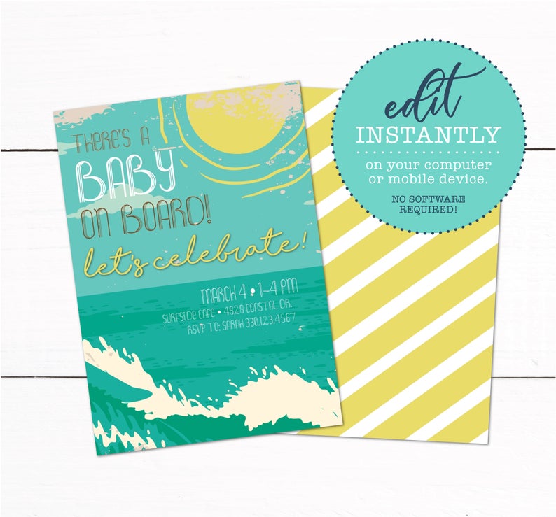 Beach Surf Baby Shower Invitation Card – Baby Shower Invitation – Baby Sprinkle Invitation – Ocean Beach Shower Theme – Automatic Download