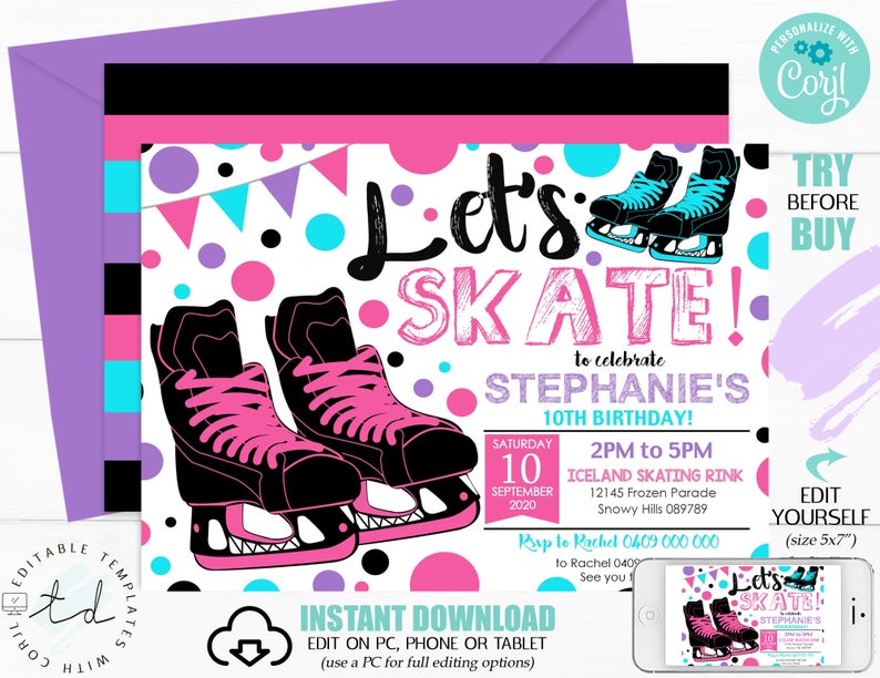 ICE SKATING INVITATION Girl Ice Skating Party Invitation Ice Skate invitation Disco Ice Skating Party Pink Blue Ice Skate Invite Corjl Invit