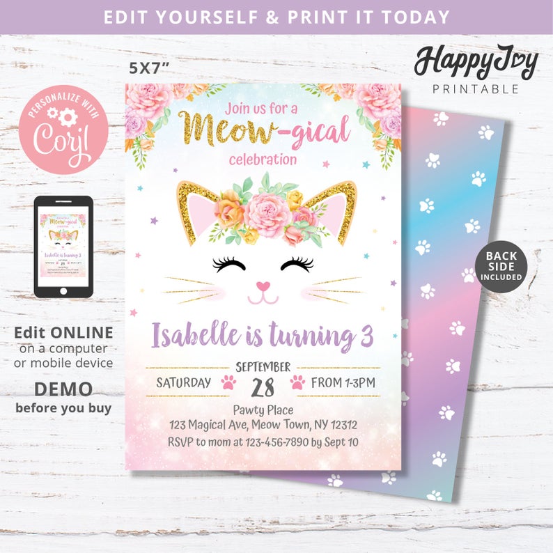 MEOWgical Birthday Kitten Invitation, Girls Purrfect Party Invite, Pink Gold Floral Cat, Editable Digital Template INSTANT Download Editable