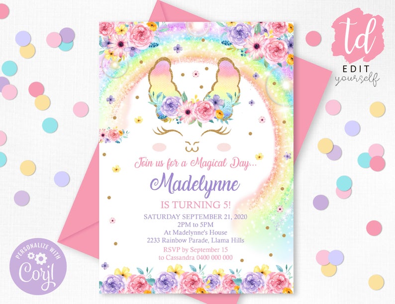 LLAMA BIRTHDAY RAINBOW Invitation Rainbow Llamacorn Invitation Eidtable Corjl Llamacorn Rainbow Party Llama Printables Rainbow Llama, 0248