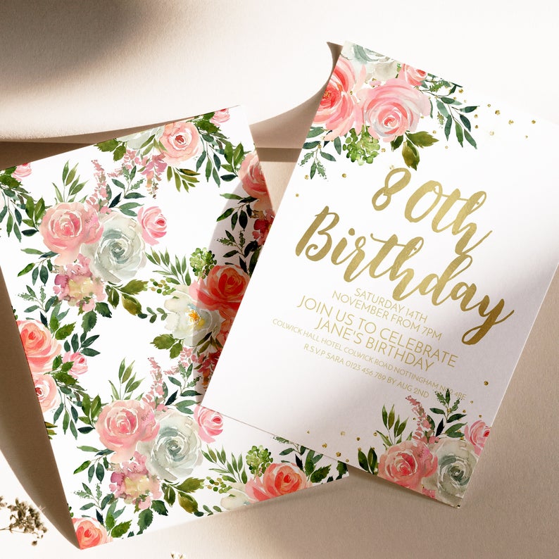 Editable 80th Birthday Invitation Birthday Invitation with Roses Instant Download Birthday Template Printable