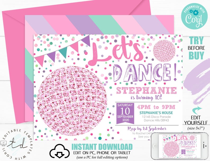 DISCO PARTY INVITATION Pink Disco Party Invitation Instant download Disco Invitation Dance Invitation Disco Ball Invite Dance Party Corjl