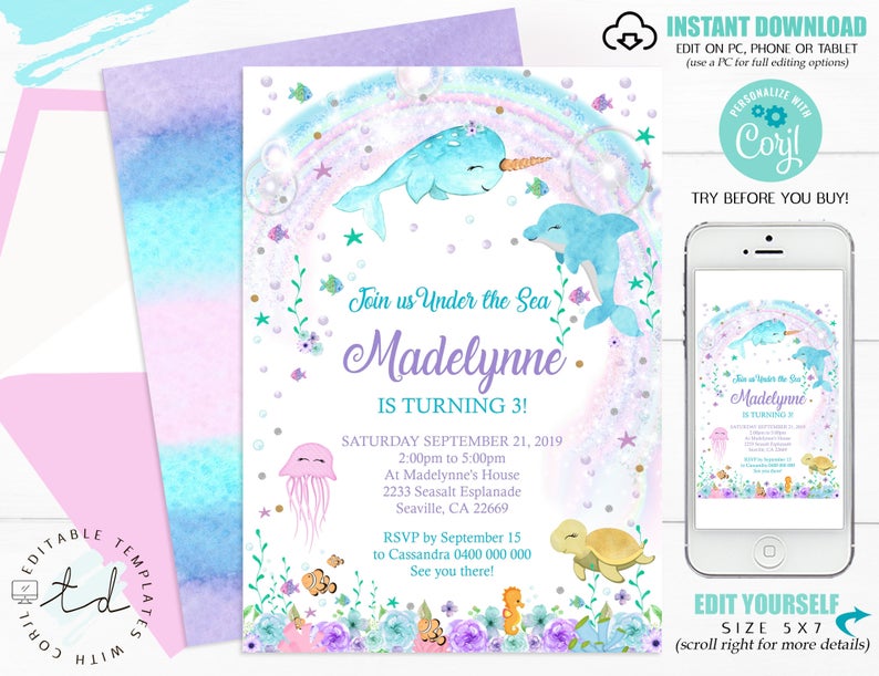 UNDER THE SEA Invitation Girl Under the Sea Invitation Dolphin Invitation Girl Under the Sea Birthday Invitation Under the Sea Corjl 1A