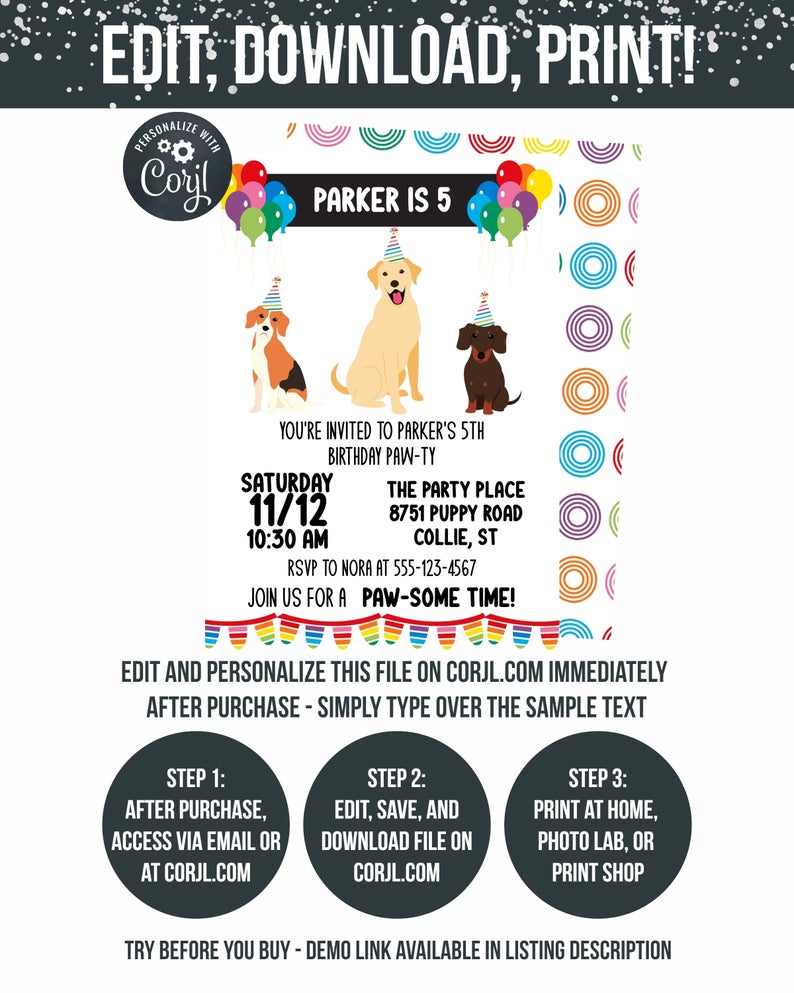 Dog Birthday Invitation – Dog Party Invite – Corjl Invitations – Dog Theme Party