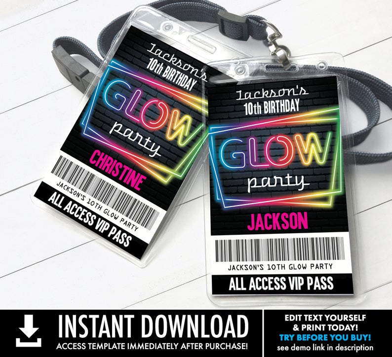 Neon Glow Party VIP Badge, Neon Glow Theme, Glow Party All Access Pass | Self-Edit with CORJL – INSTANT Download Printable Template