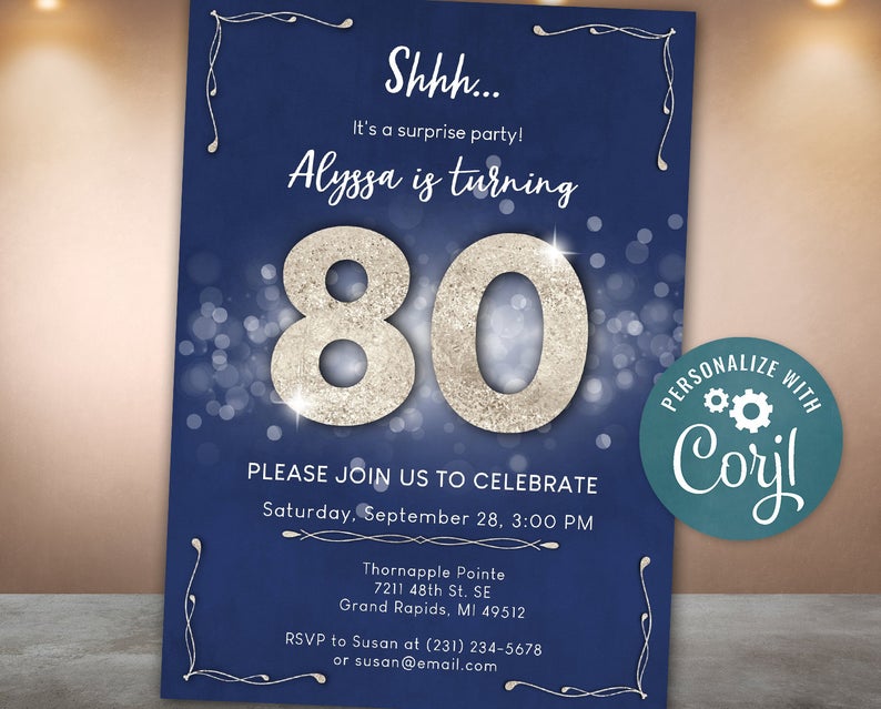 Surprise 80th Birthday Invitation EIGHTY Invite Party Silver Glitter & Navy Blue Digital INSTANT download 5×7 Editable adult mens womens