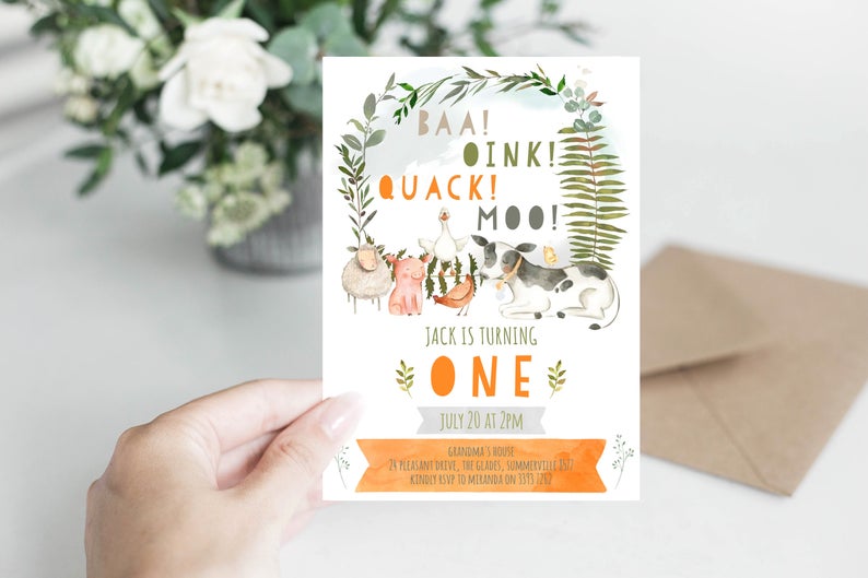 EDITABLE Gender Neutral First Birthday, One,Invitation, Girl Invite, Birthday Boy Invite, Farm Animal Invitations, Corjl, Cow, Pig, oink