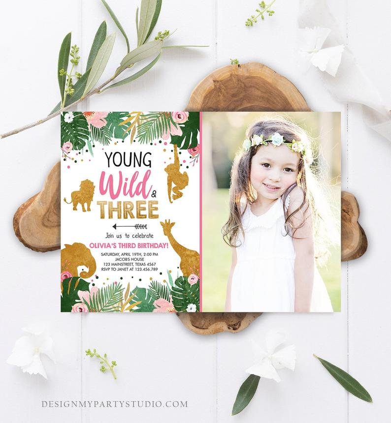 Editable Young Wild and Three Birthday Invitation Animals Invite Party Jungle Safari Pink Gold Download Printable Template Corjl 0016