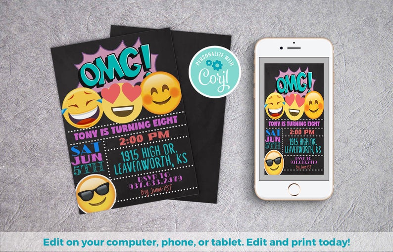 Emoji Invitation | OMG Invitation, OMG Invite, Smile Invitation, Emoji Invite, Smiley Face Birthday, Emoji Bday Invite, Teen Invitation