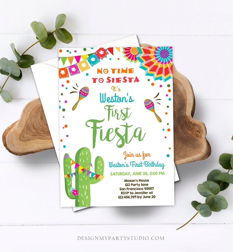 Editable First Fiesta Birthday Invitation Let’s Fiesta No Time To Siesta Cactus Mexican Boy Samba Download Printable Corjl Template 0045