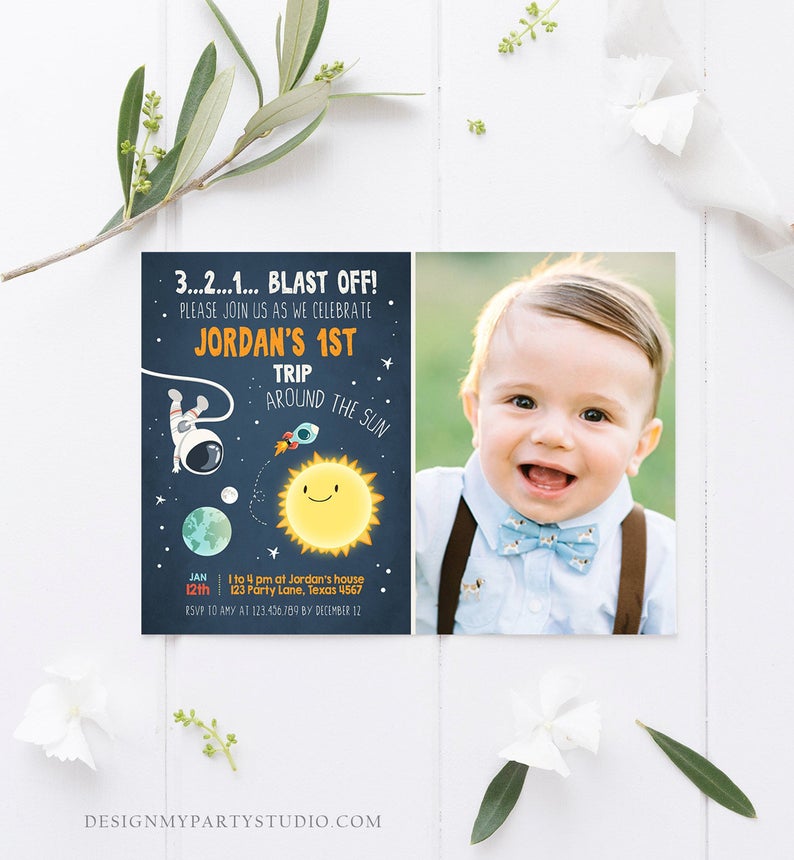 Editable Outer Space Birthday Invitation Rocket Astronaut Birthday First Trip Blast Off Download Printable Template Digital Corjl 0046