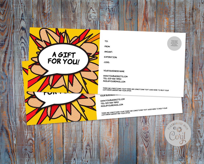 Printable Gift Certificate Template, Editable Instant Download Gift Card, DIY Shop Voucher, Modern Comic Book Pop Art, Corjl