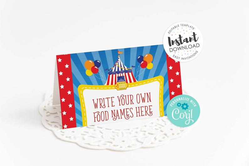 Circus food labels, Carnival Food sign, editable food cards, circus party, circus labels, editable food tents, editable food labels