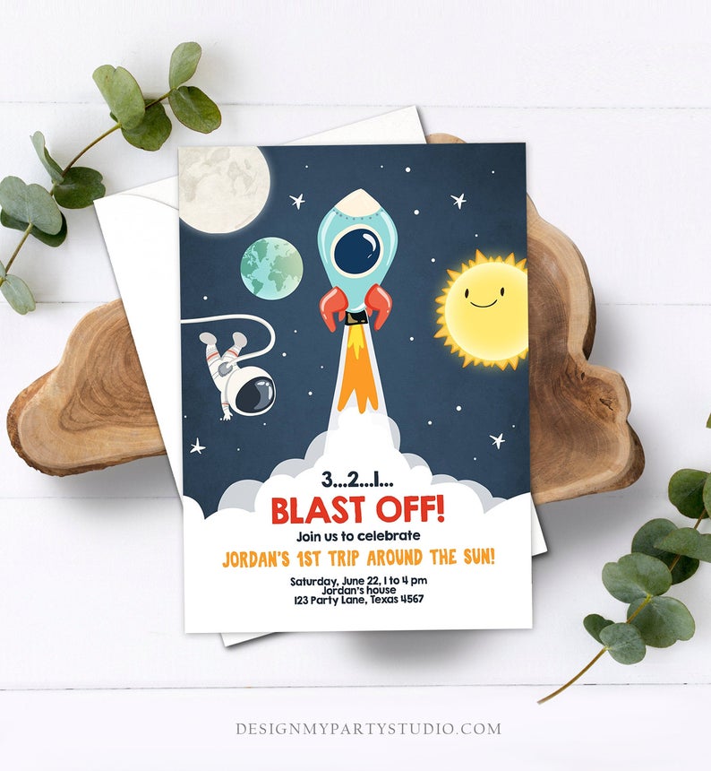 Editable Outer Space Birthday Invitation Rocket Astronaut Birthday Space Ship Blast Off Download Printable Template Digital Corjl 0046