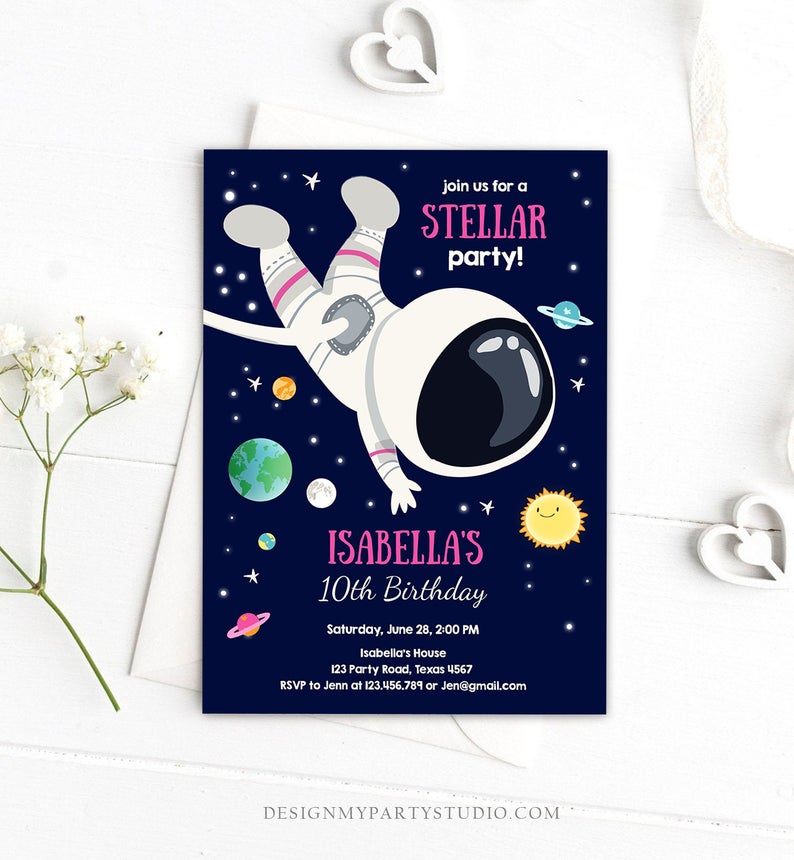 Editable Girl Space Birthday Party Invitation Outer Space Galaxy Planets and Stars Girly Download Printable Template Digital Corjl 0259