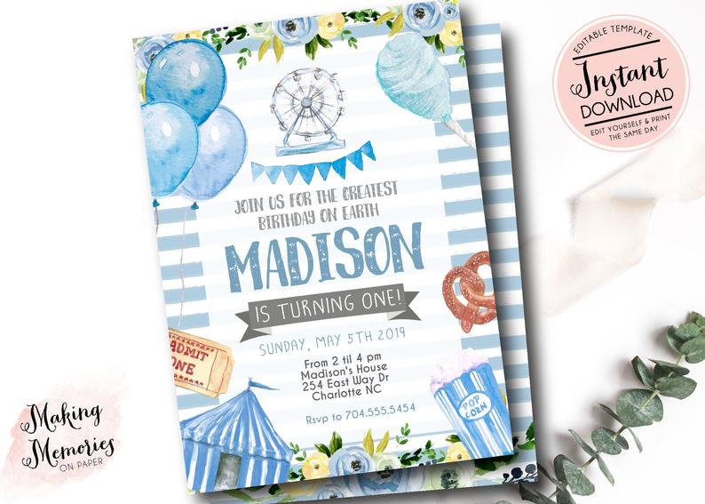 boy Carnival Birthday Invitation, Circus first Birthday Invitation, Edit yourself instant download circus invite, Circus first birthday