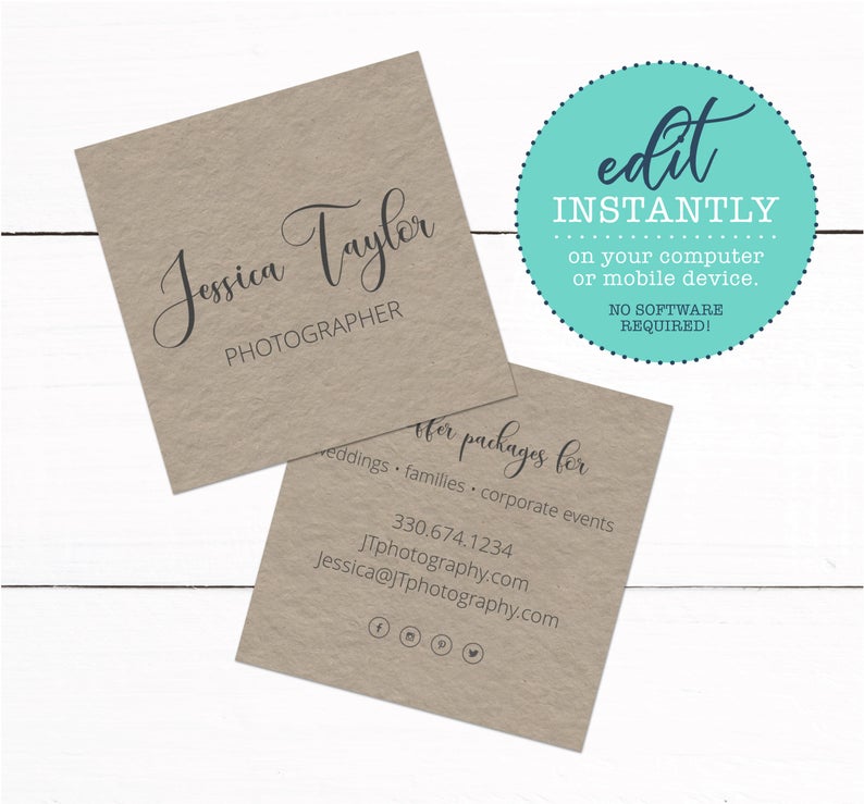 Kraft Square Business Cards – Rustic Business Cards – Square Business Cards – Photographer Business Cards – Wedding Planner Business Cards