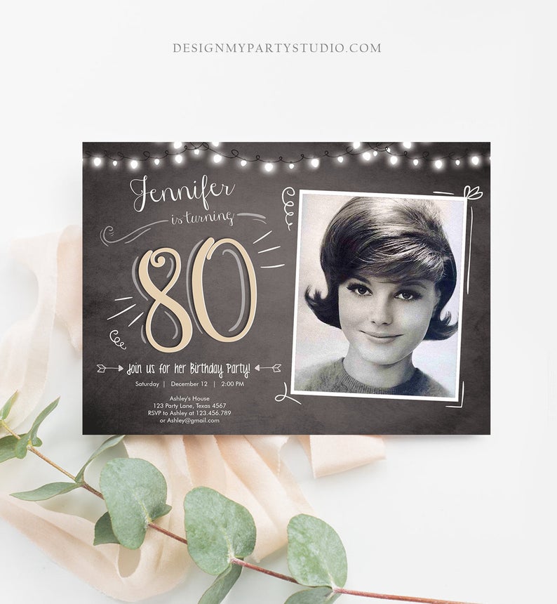 Editable 80th Birthday Invitation Chalkboard Rustic Adult Surpirse Birthday Party Eighty Photo Download Printable Corjl Template 0230