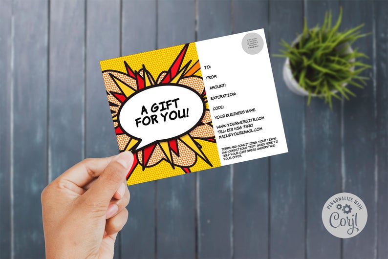 Gift Card Template Instant Digital Download, Editable DIY Thank You Gift Certificate, Shop Voucher, Modern, Comic Book, Pop Art, Corjl