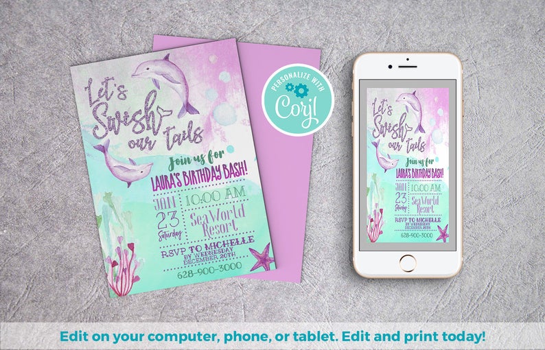 Dolphin Invitation | Fish Birthday Invite, Dolphin Birthday, Dolphin Party, Aquatic Invitation, Ocean Invitation, Fish Invitation