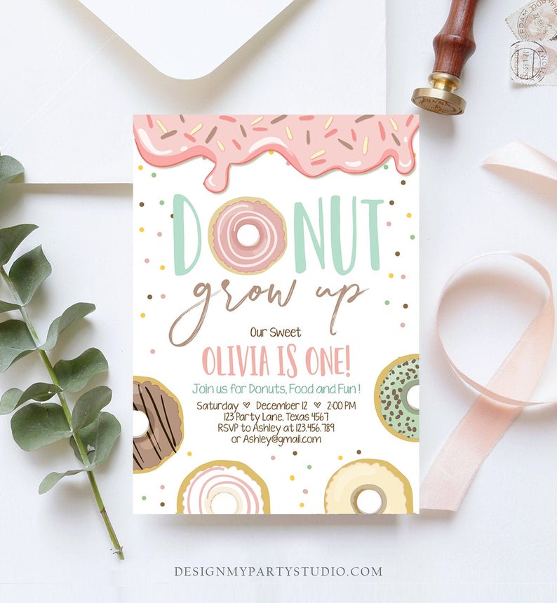Editable Donut Grow Up Birthday Invitation First Birthday Party Pink Girl Doughnut Sweet Digital Download Printable Template Corjl 0320