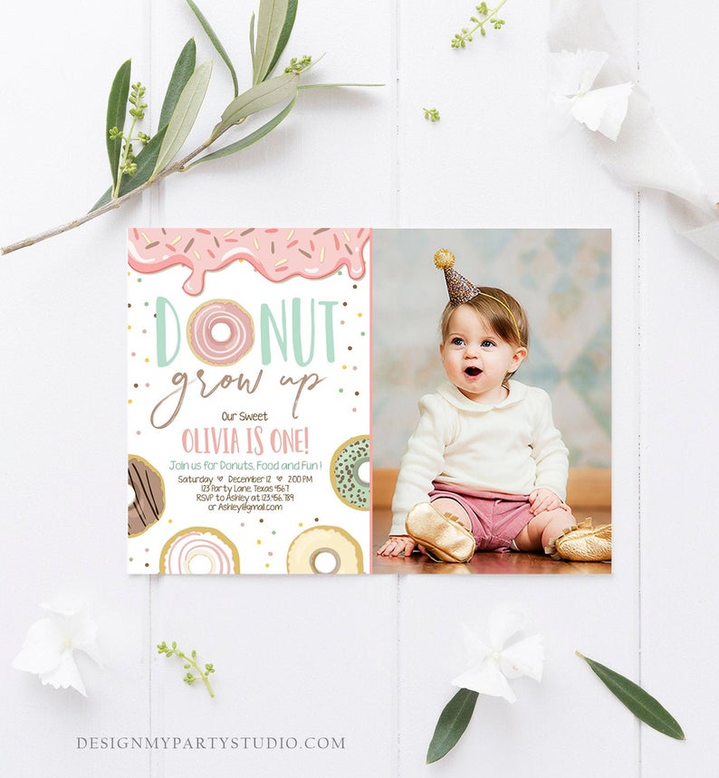 Editable Donut Grow Up Birthday Invitation First Birthday Party Pink Girl Doughnut Sweet Digital Download Printable Template Corjl 0320