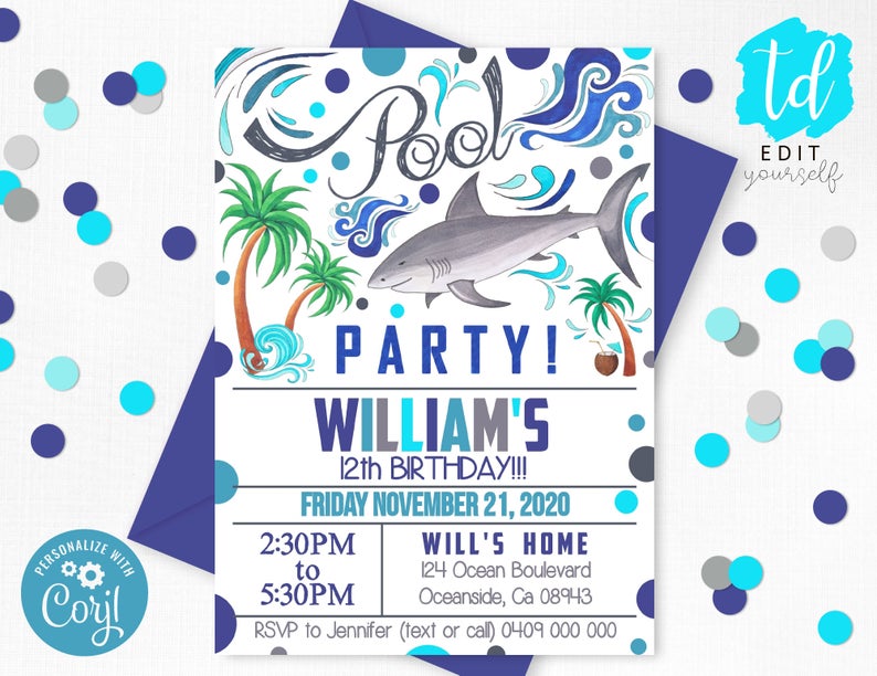 POOL PARTY INVITATION Shark Pool Party Invitation Instant Download Pool Party Boy Invitation Corjl Invitations Pool Party Birthday Shark
